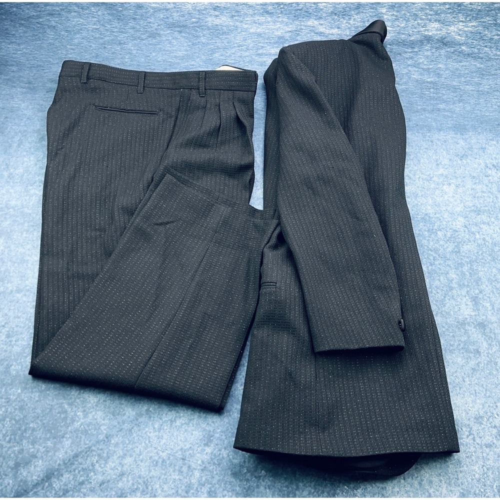 Tailored‎ by Bonacci Mens Black Textured Pinstripe Tuxedo Suit Shawl Lapel USA